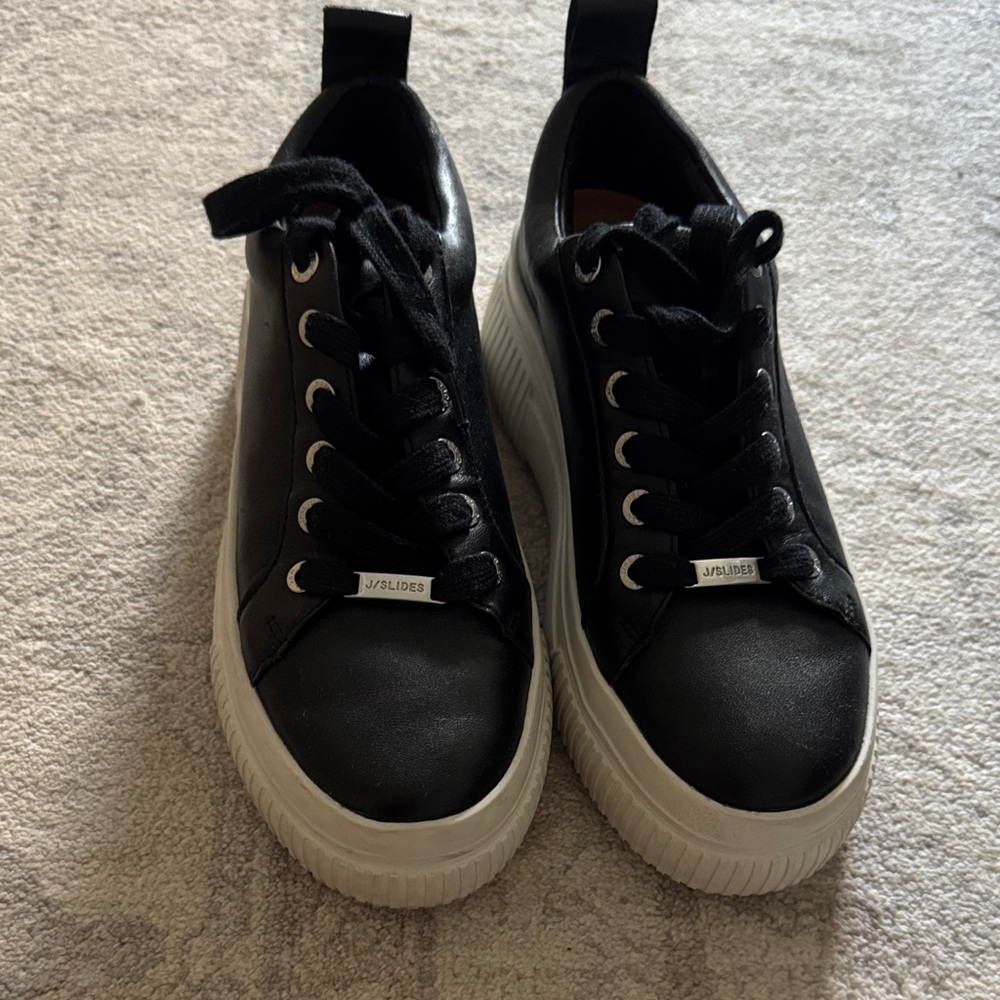 J/SLIDES Black Leather Platform Lace-Up Sneakers with White Sole